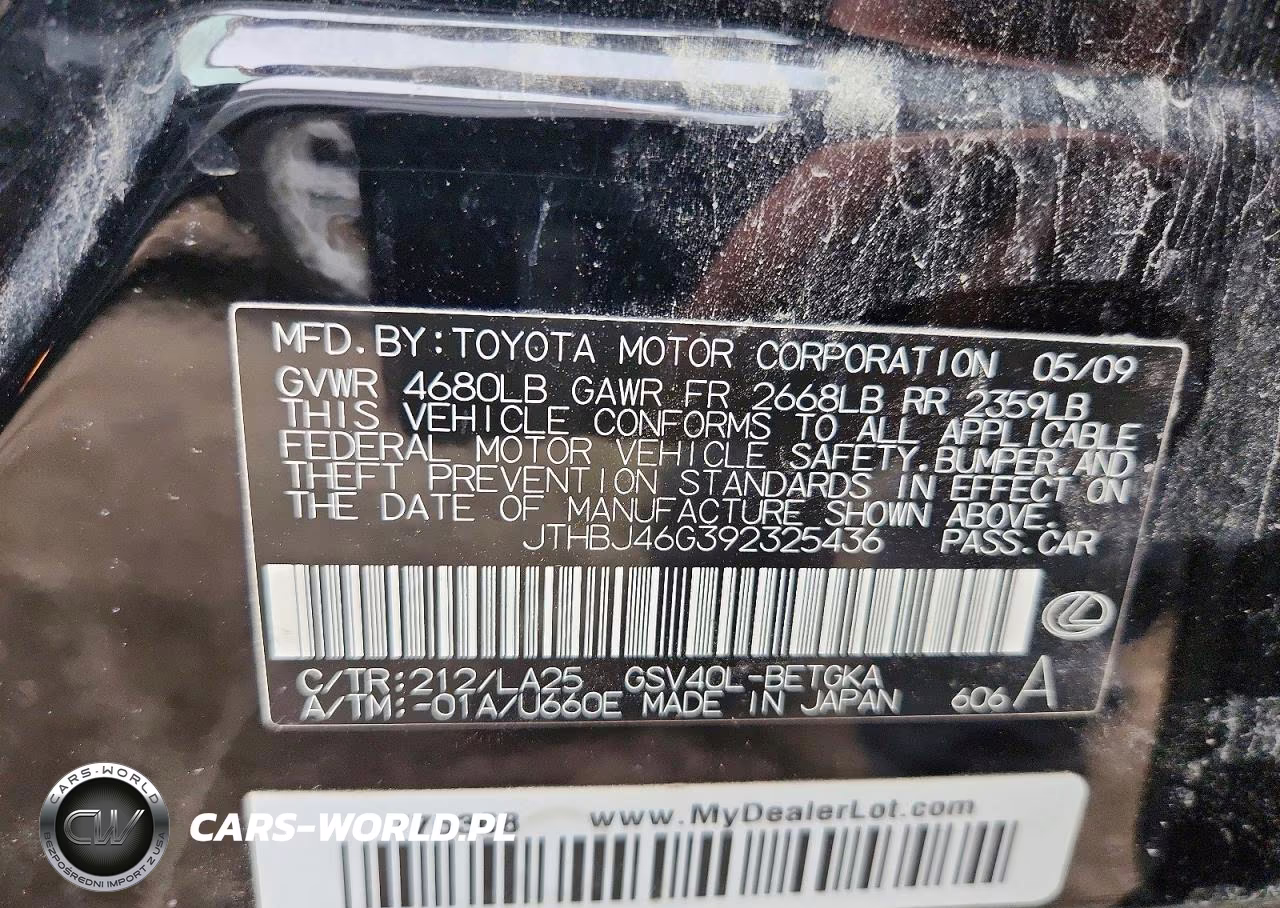2009 Lexus Es 350 VIN:JTHBJ46G392325436 - 12
