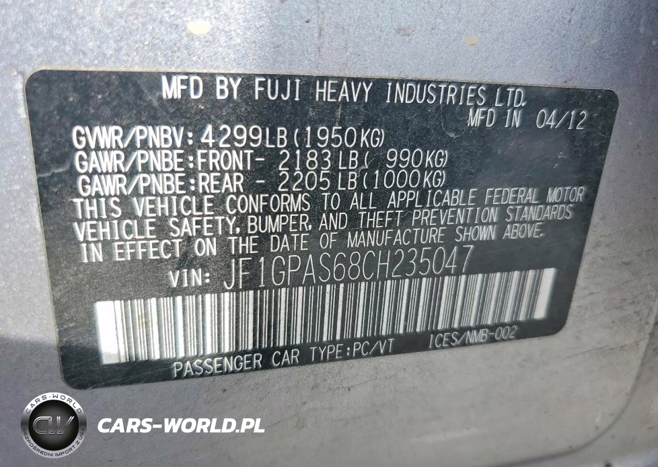 2012 Subaru Impr Sw 4X4 W-Ey 2.0I Spt VIN:JF1GPAS68CH235047 - 14