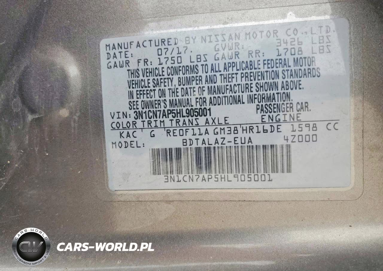 2017 Nissan Versa 1.6 S Plus VIN:3N1CN7AP5HL905001 - 12