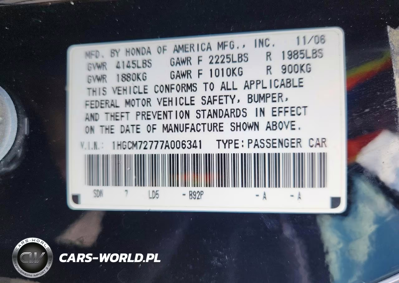 2007 Honda Accord Ex VIN:1HGCM72777A006341 - 12