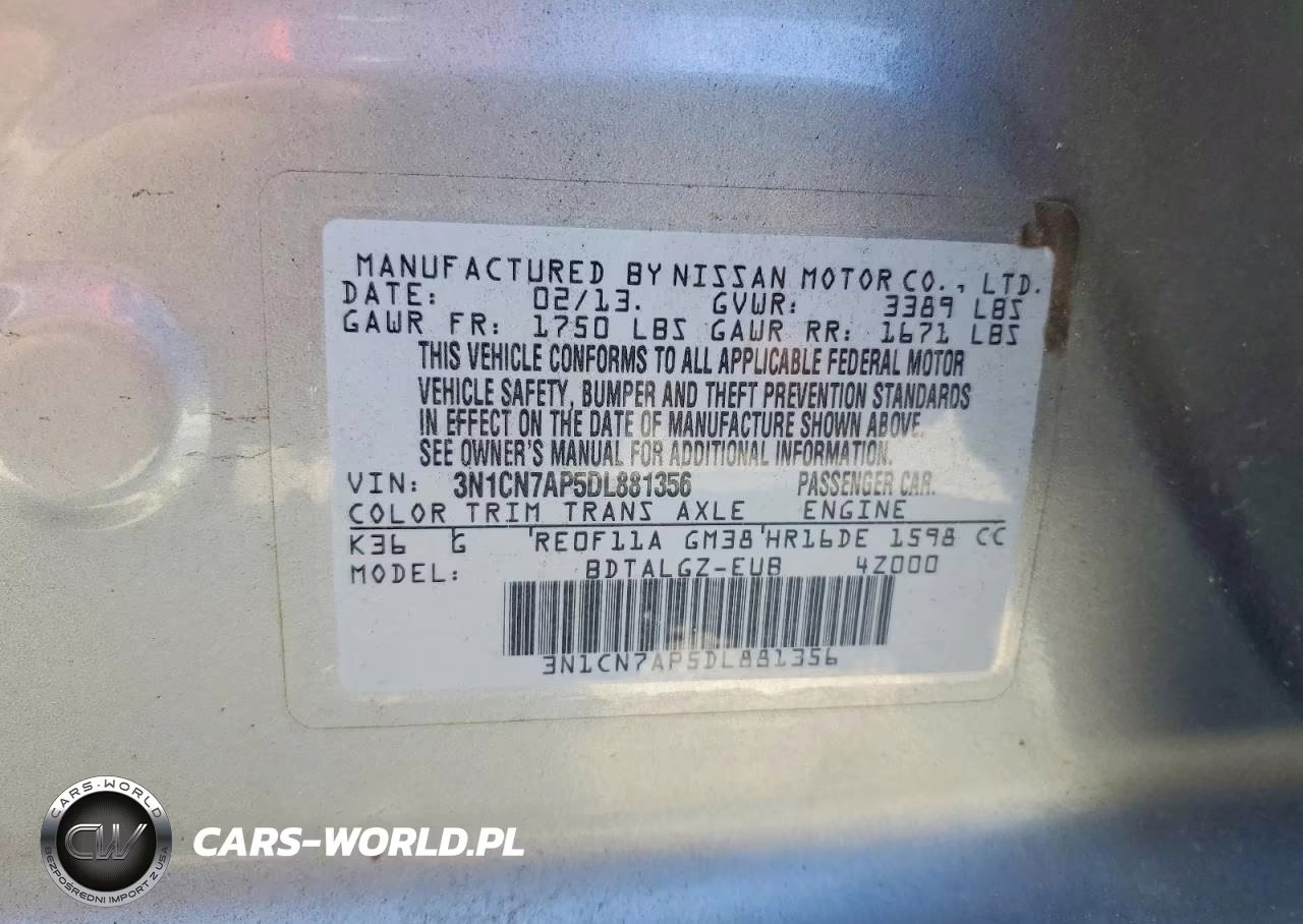 2013 Nissan Versa 1.6 S VIN:3N1CN7AP5DL881356 - 12