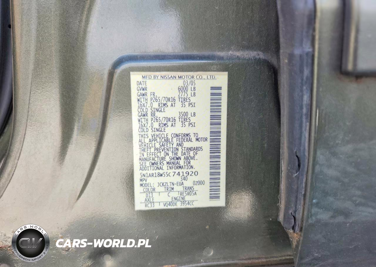 2005 Nissan Pathfinder Xe VIN:5N1AR18W55C741920 - 13