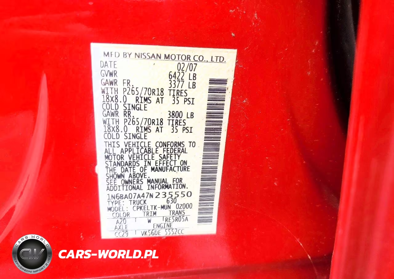 2007 Nissan Titan Xe Ffv VIN:1N6BA07A47N235550 - 12