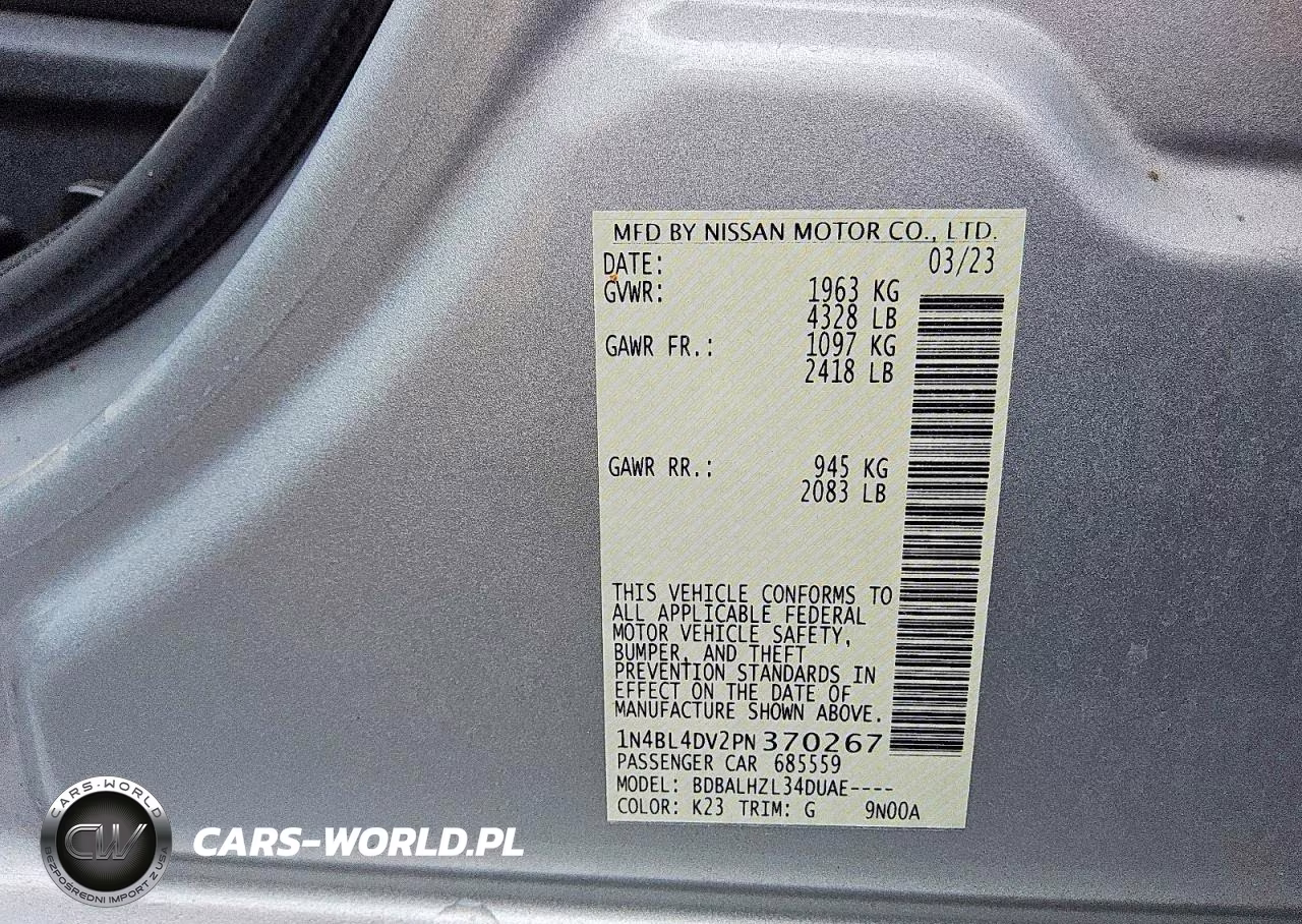 2023 Nissan Altima Sv VIN:1N4BL4DV2PN370267 - 12