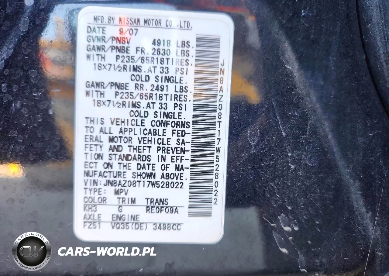 2007 Nissan Murano S VIN:JN8AZ08T17W528022 - 14