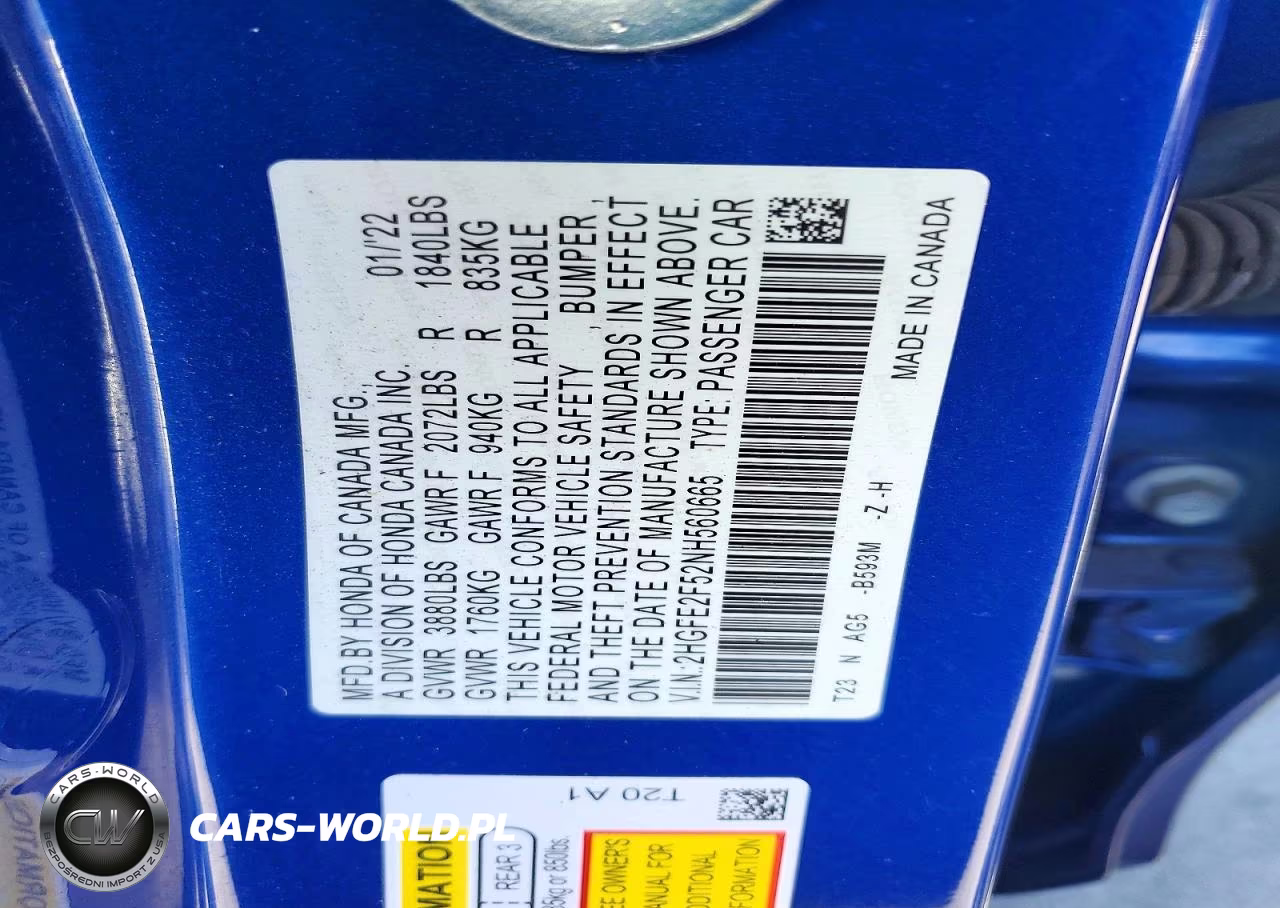2022 Honda Civic Sport VIN:2HGFE2F52NH560665 - 12