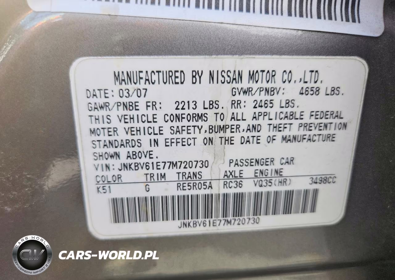 2007 Infiniti G35 Base VIN:JNKBV61E77M720730 - 12