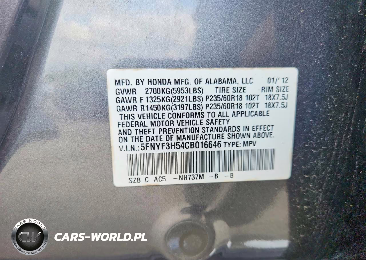 2012 Honda Pilot Exl VIN:5FNYF3H54CB016646 - 12