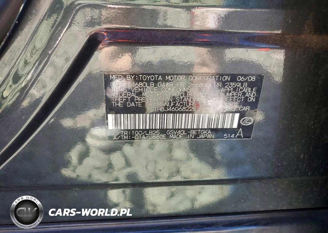 2008 Lexus Es 350 VIN:JTHBJ46G682257633 - 12