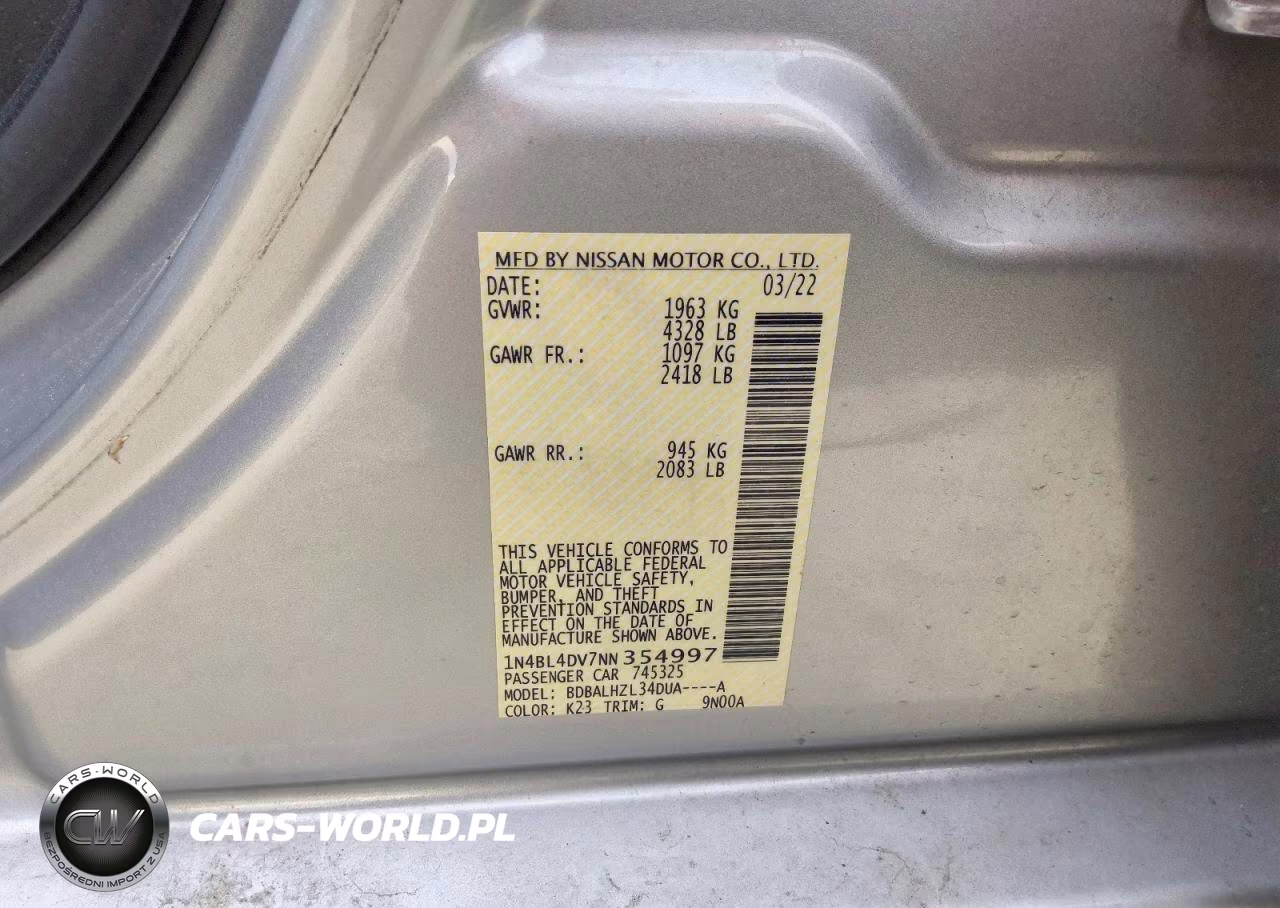 2022 Nissan Altima Sv VIN:1N4BL4DV7NN354997 - 12