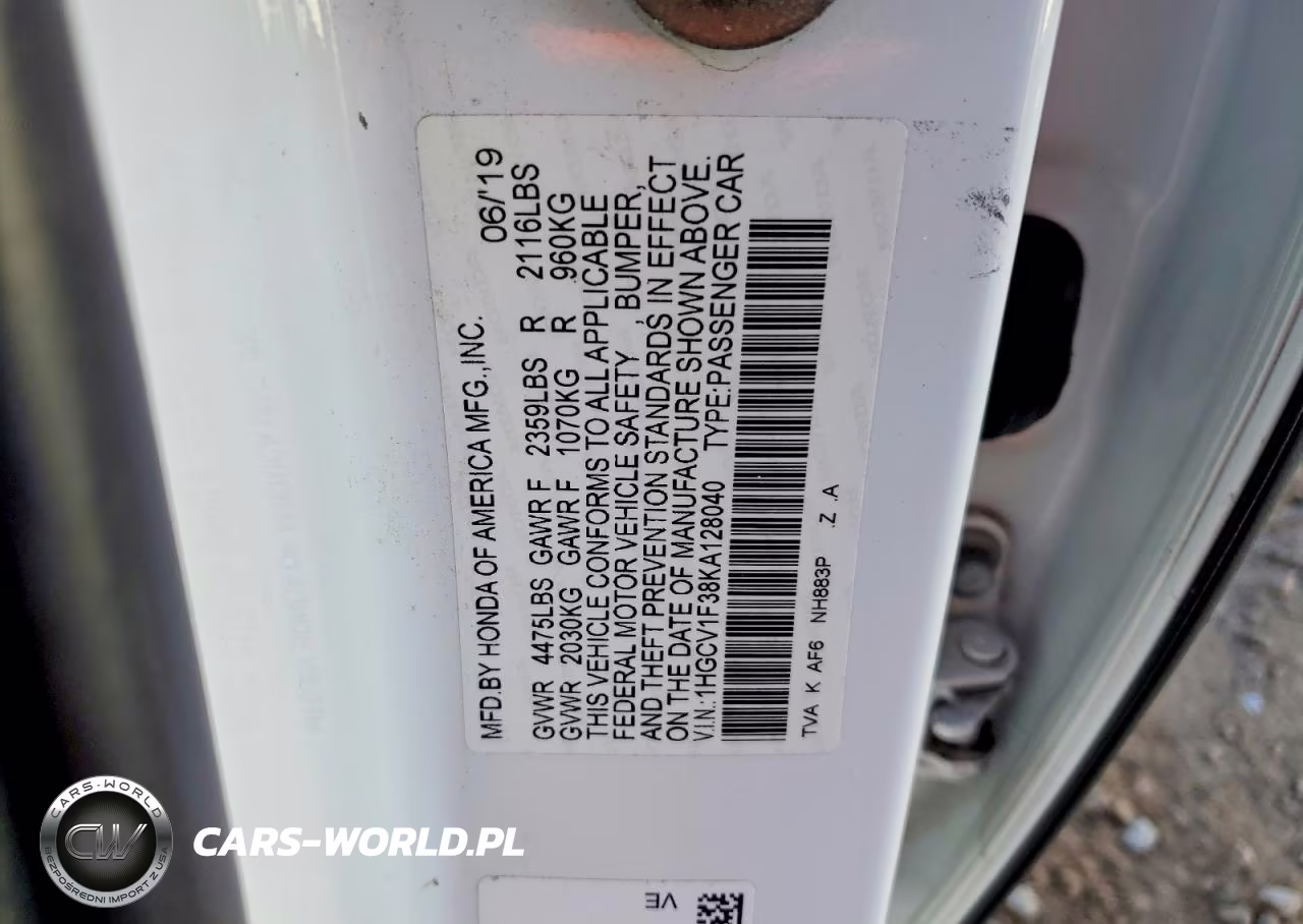 2019 Honda Accord Sport VIN:1HGCV1F38KA128040 - 12