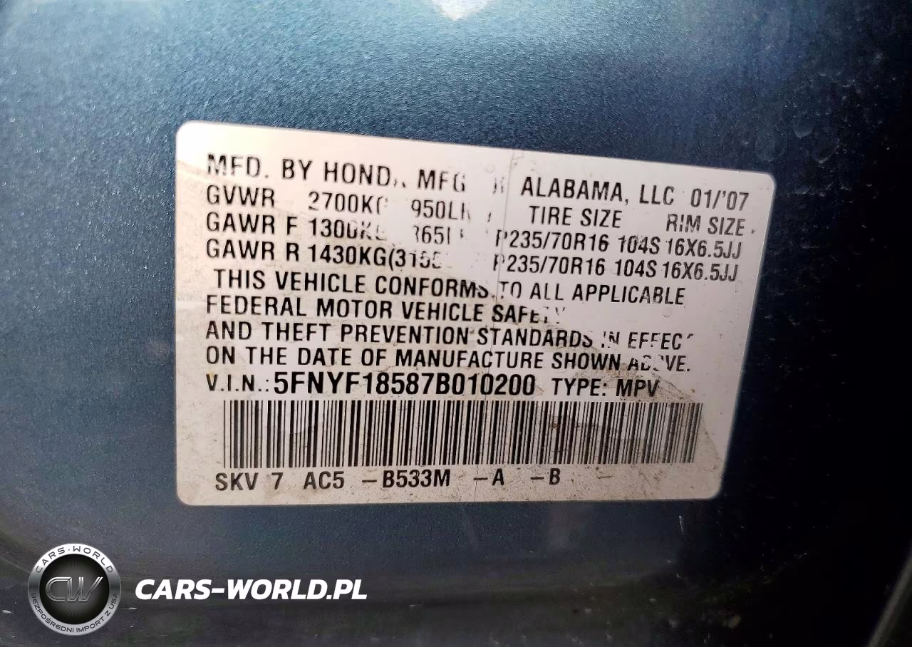 2007 Honda Pilot Exl VIN:5FNYF18587B010200 - 13