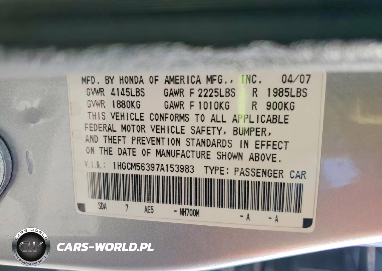 2007 Honda Accord Se VIN:1HGCM56397A153983 - 12