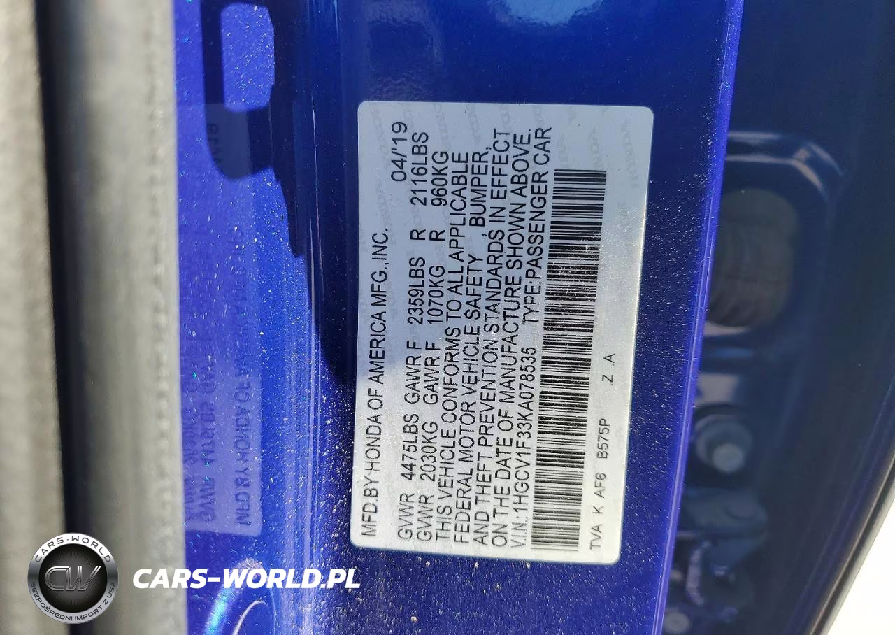 2019 Honda Accord Sport VIN:1HGCV1F33KA078535 - 12