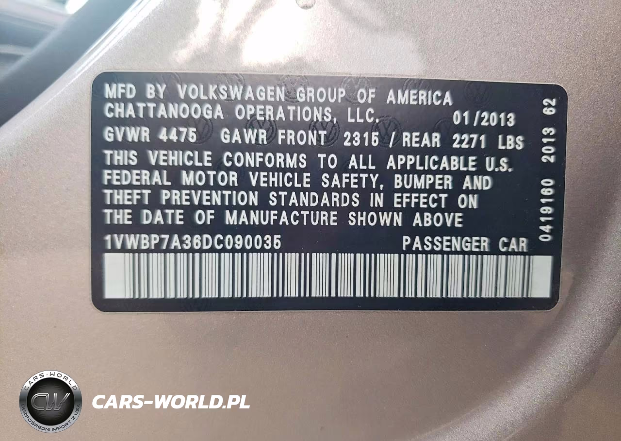 2013 Volkswagen Passat Se VIN:1VWBP7A36DC090035 - 13