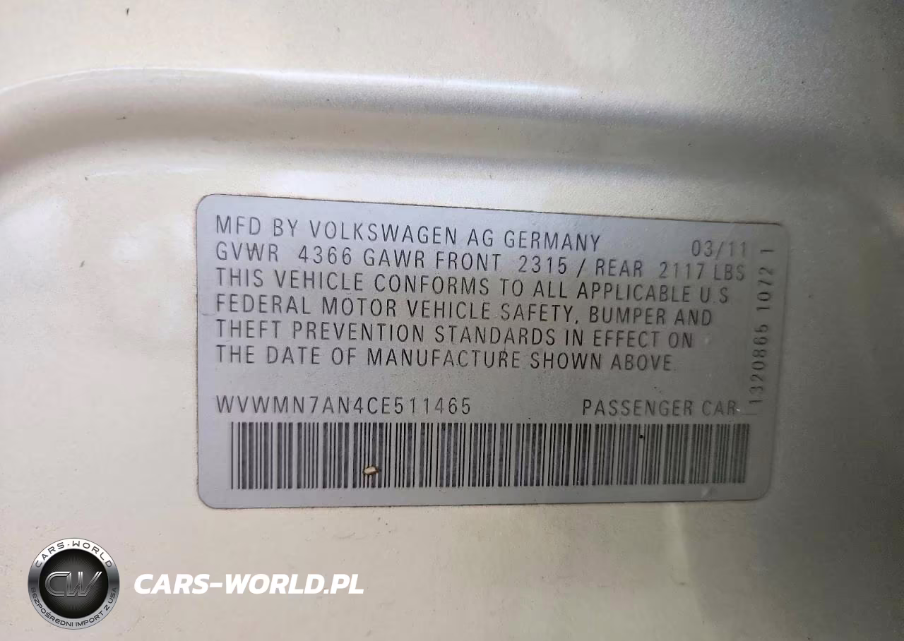 2012 Volkswagen Cc Sport VIN:WVWMN7AN4CE511465 - 12