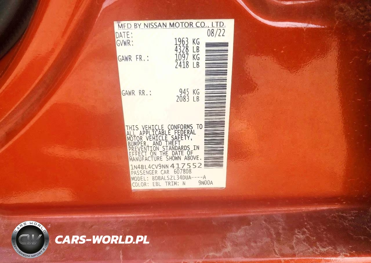 2022 Nissan Altima Sr VIN:1N4BL4CV9NN417552 - 12