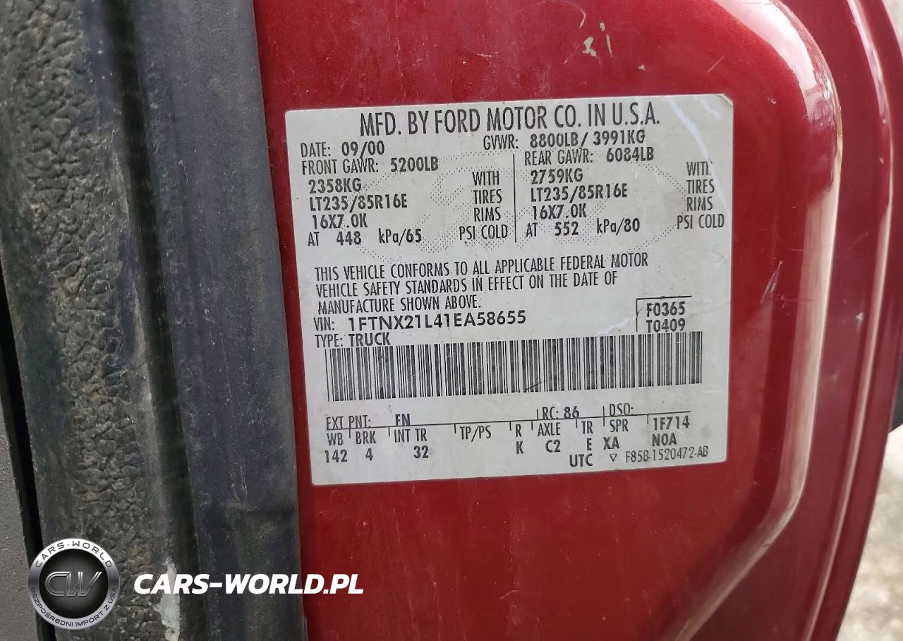 2001 Ford F250 Super Duty VIN:1FTNX21L41EA58655 - 12