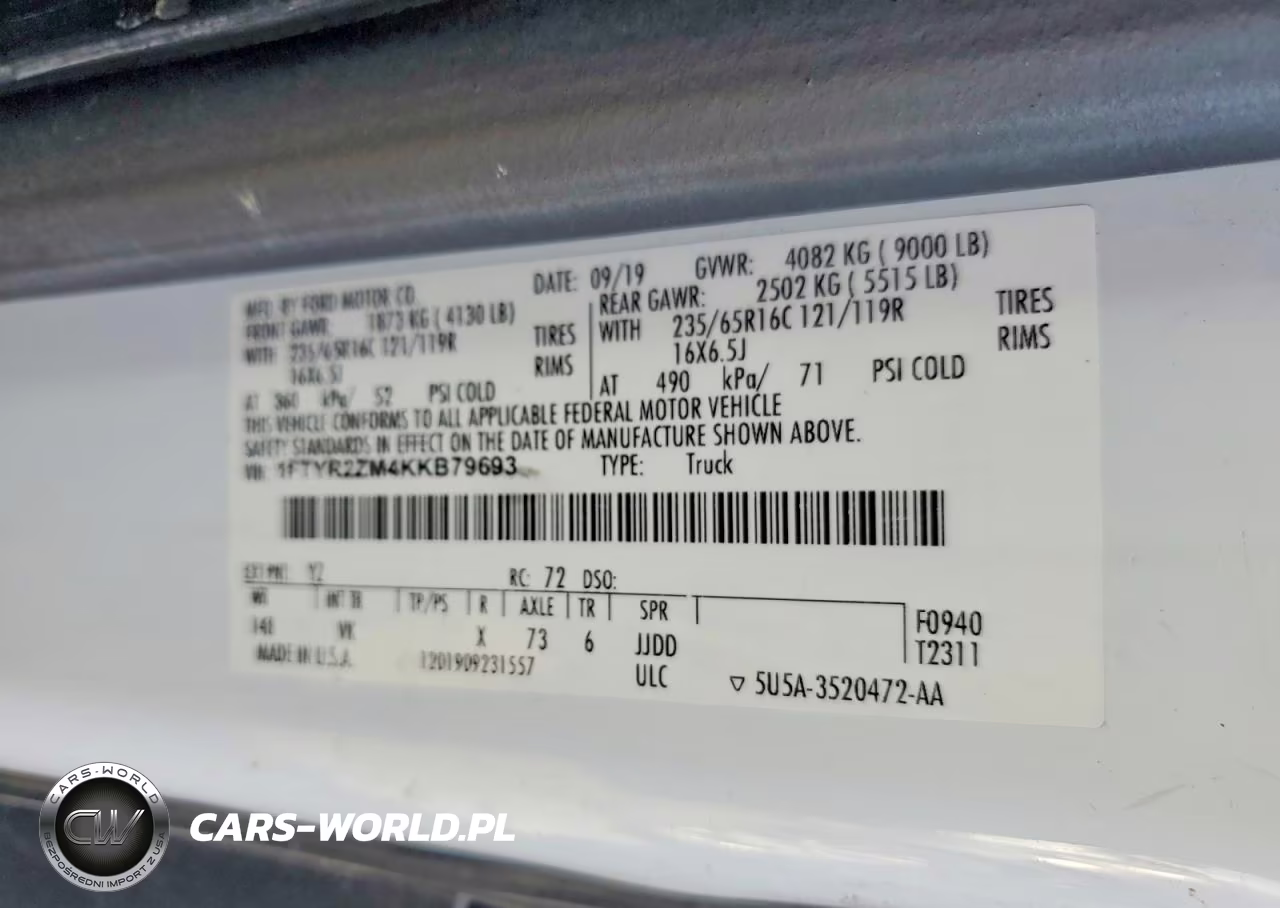 2019 Ford Transit T-250 Delivery Van VIN:1FTYR2ZM4KKB79693 - 13