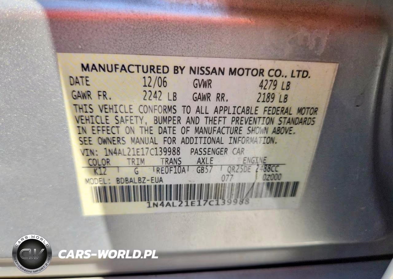 2007 Nissan Altima 2.5 VIN:1N4AL21E17C139988 - 12
