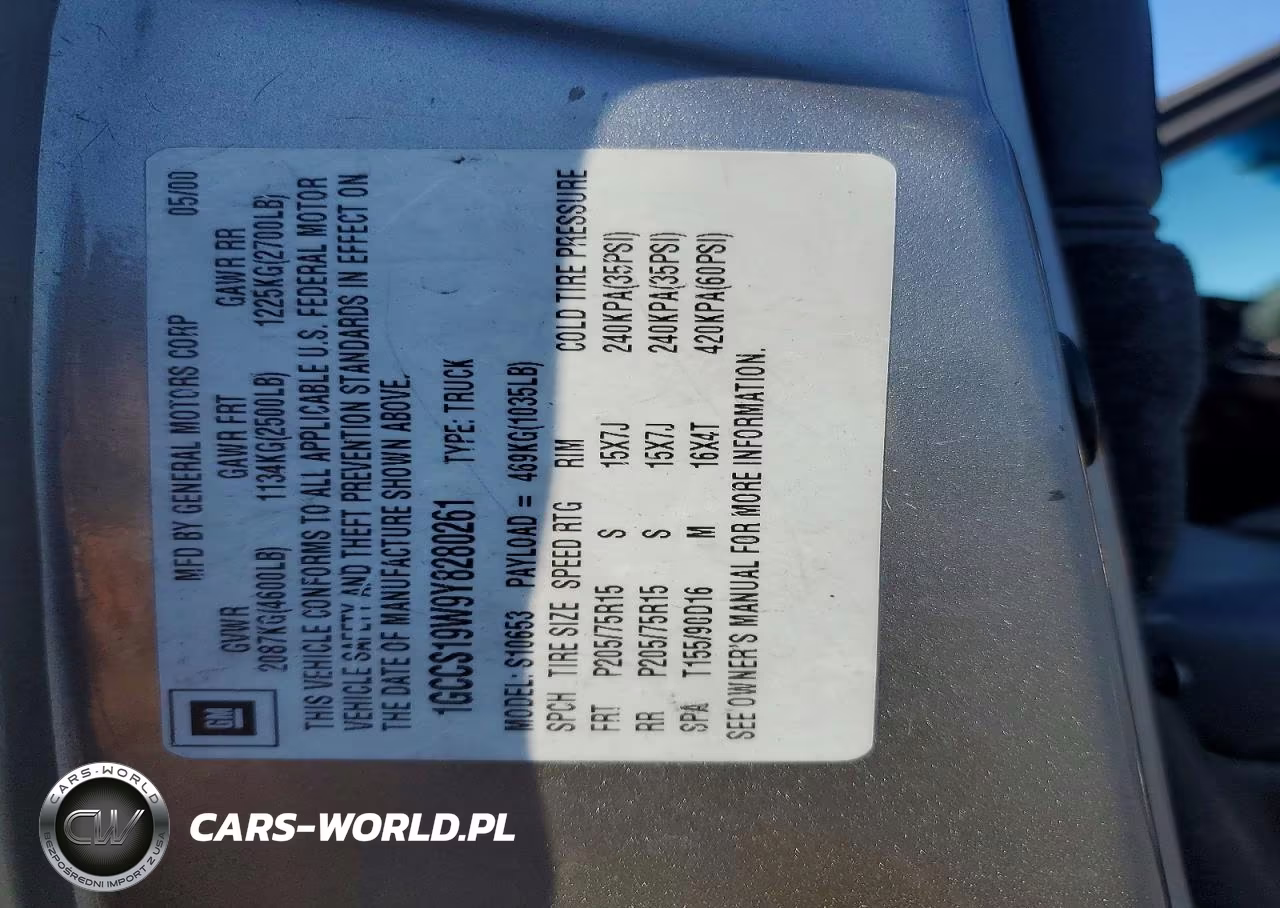 2000 Chevrolet S Truck S10 VIN:1GCCS19W9Y8280261 - 12