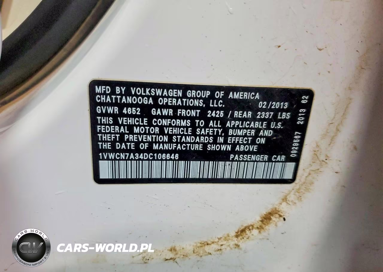 2013 Volkswagen Passat Sel VIN:1VWCN7A34DC106646 - 12