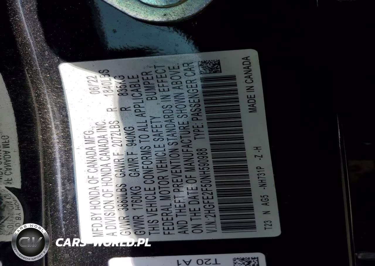 2022 Honda Civic Sport VIN:2HGFE2F50NH590988 - 12