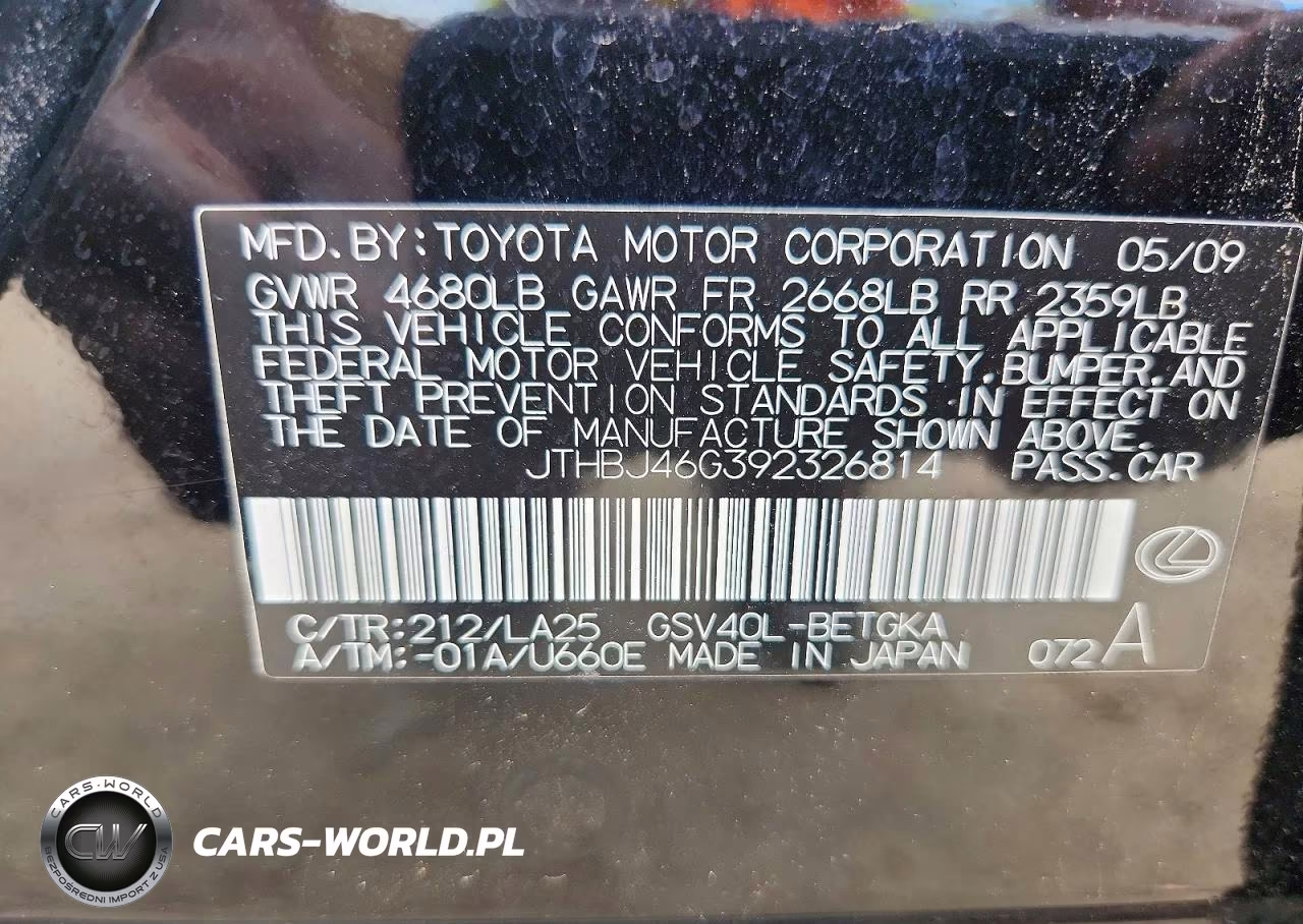 2009 Lexus Es 350 VIN:JTHBJ46G392326814 - 12