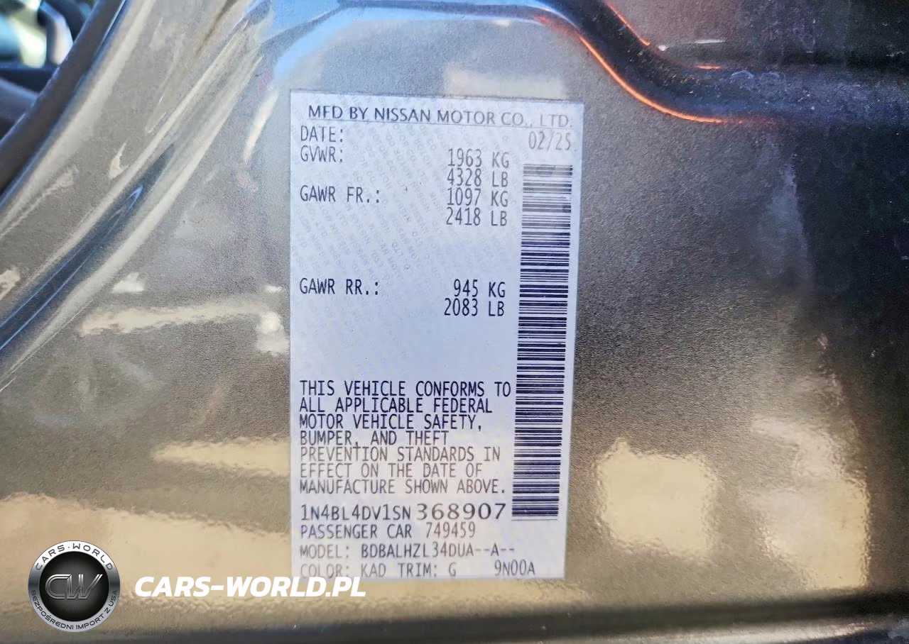 2025 Nissan Altima Sv VIN:1N4BL4DV1SN368907 - 12
