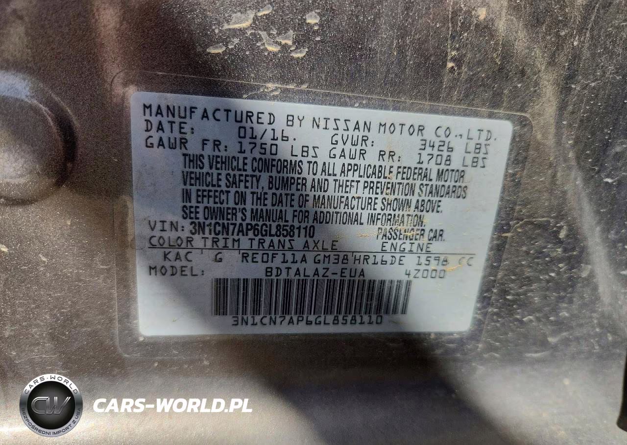2016 Nissan Versa 1.6 S Plus VIN:3N1CN7AP6GL858110 - 12