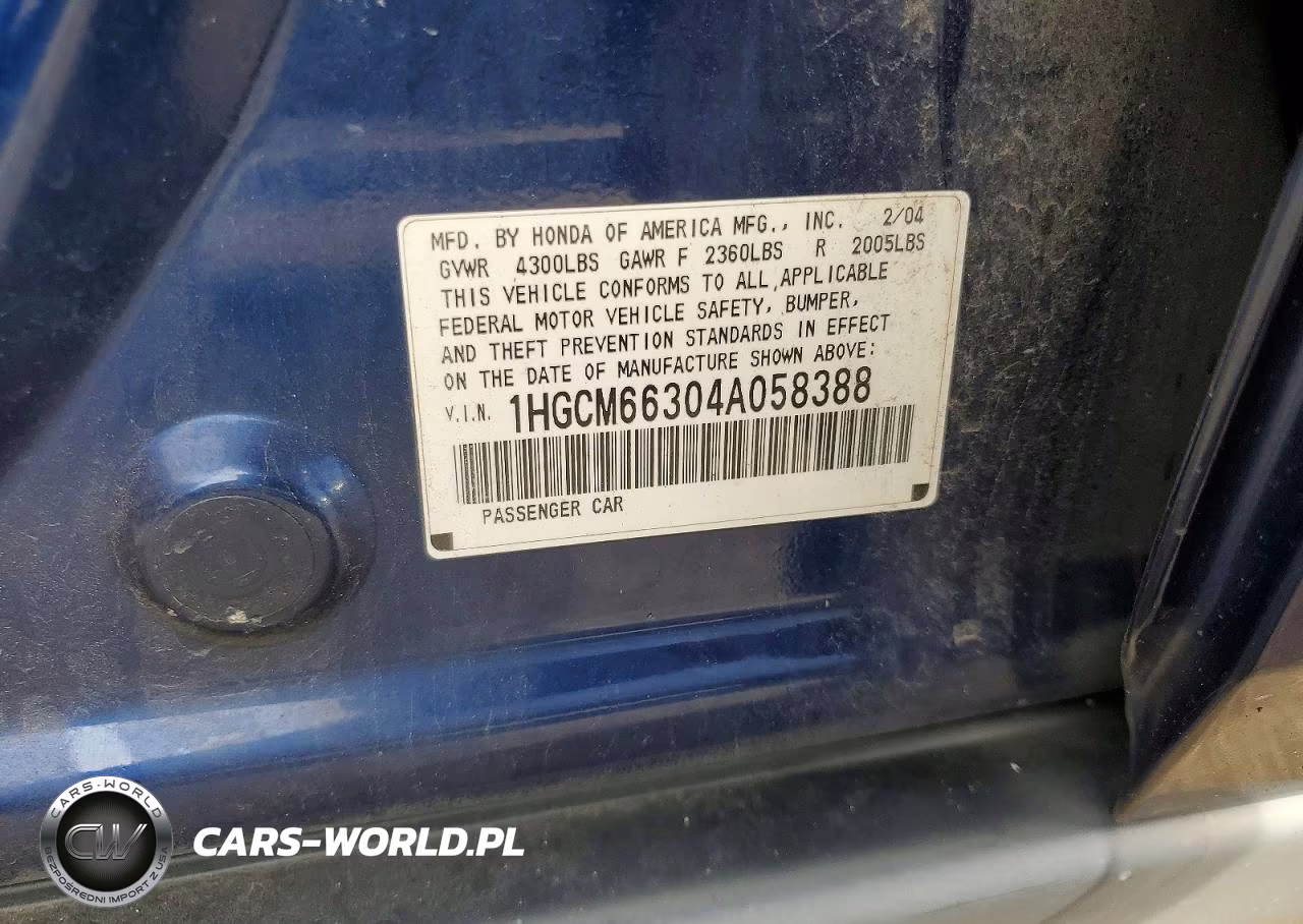 2004 Honda Accord Lx VIN:1HGCM66304A058388 - 12
