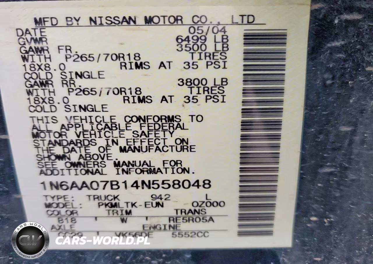 2004 Nissan Titan Xe VIN:1N6AA07B14N558048 - 12