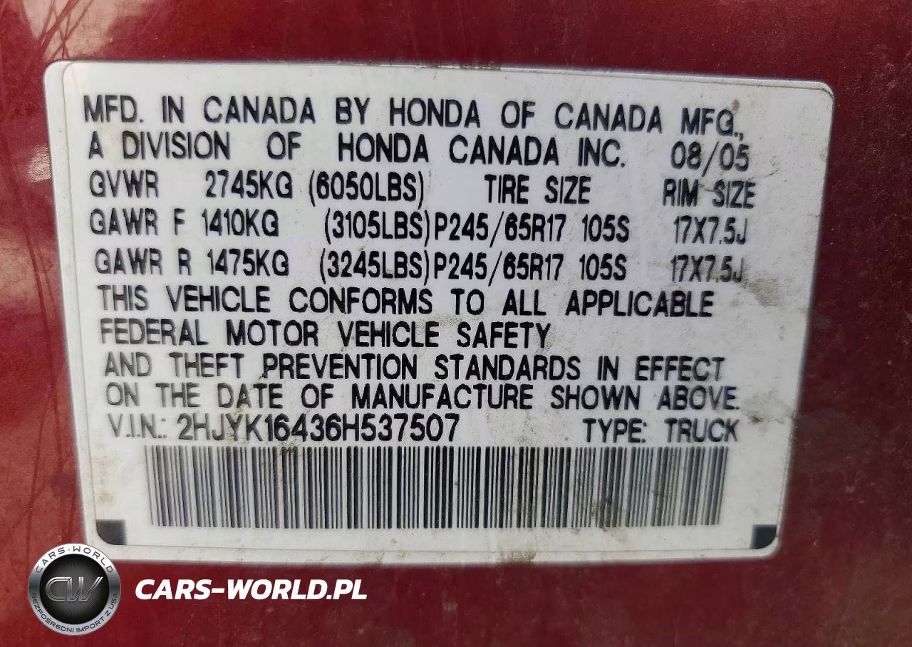 2006 Honda Ridgeline Rts VIN:2HJYK16436H537507 - 12