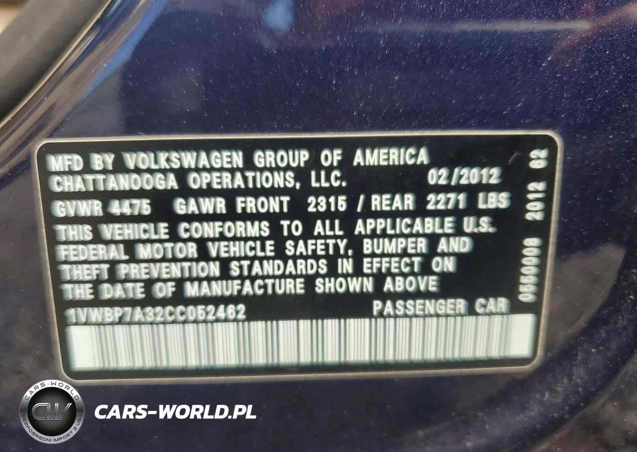 2012 Volkswagen Passat Se VIN:1VWBP7A32CC052462 - 12