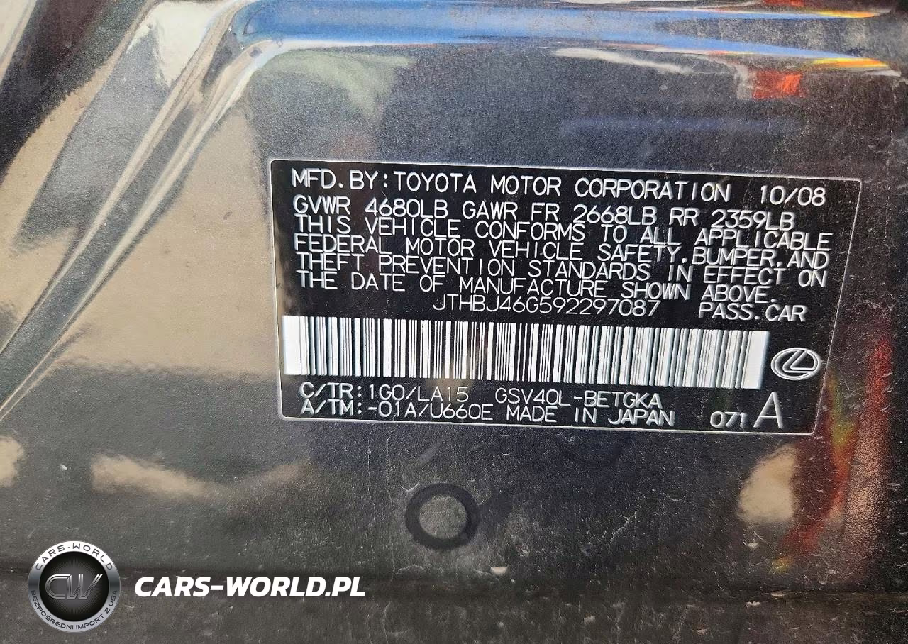 2009 Lexus Es 350 VIN:JTHBJ46G592297087 - 12
