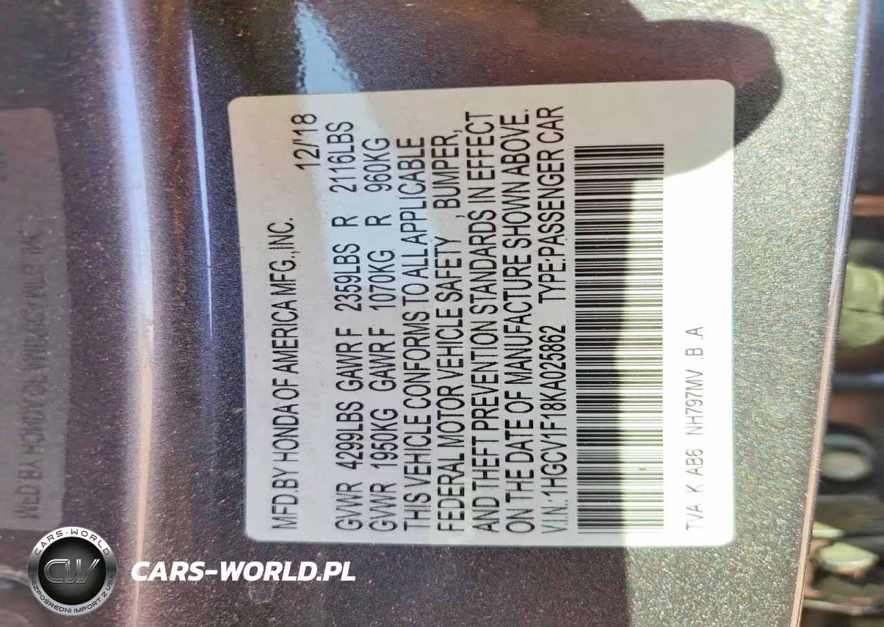 2019 Honda Accord Lx VIN:1HGCV1F18KA025862 - 13