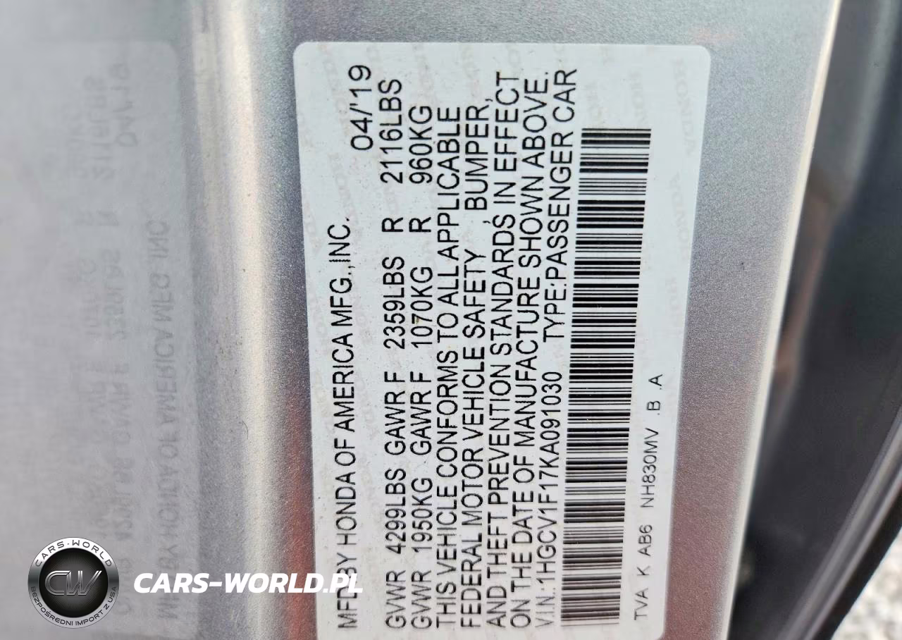 2019 Honda Accord Lx VIN:1HGCV1F17KA091030 - 12