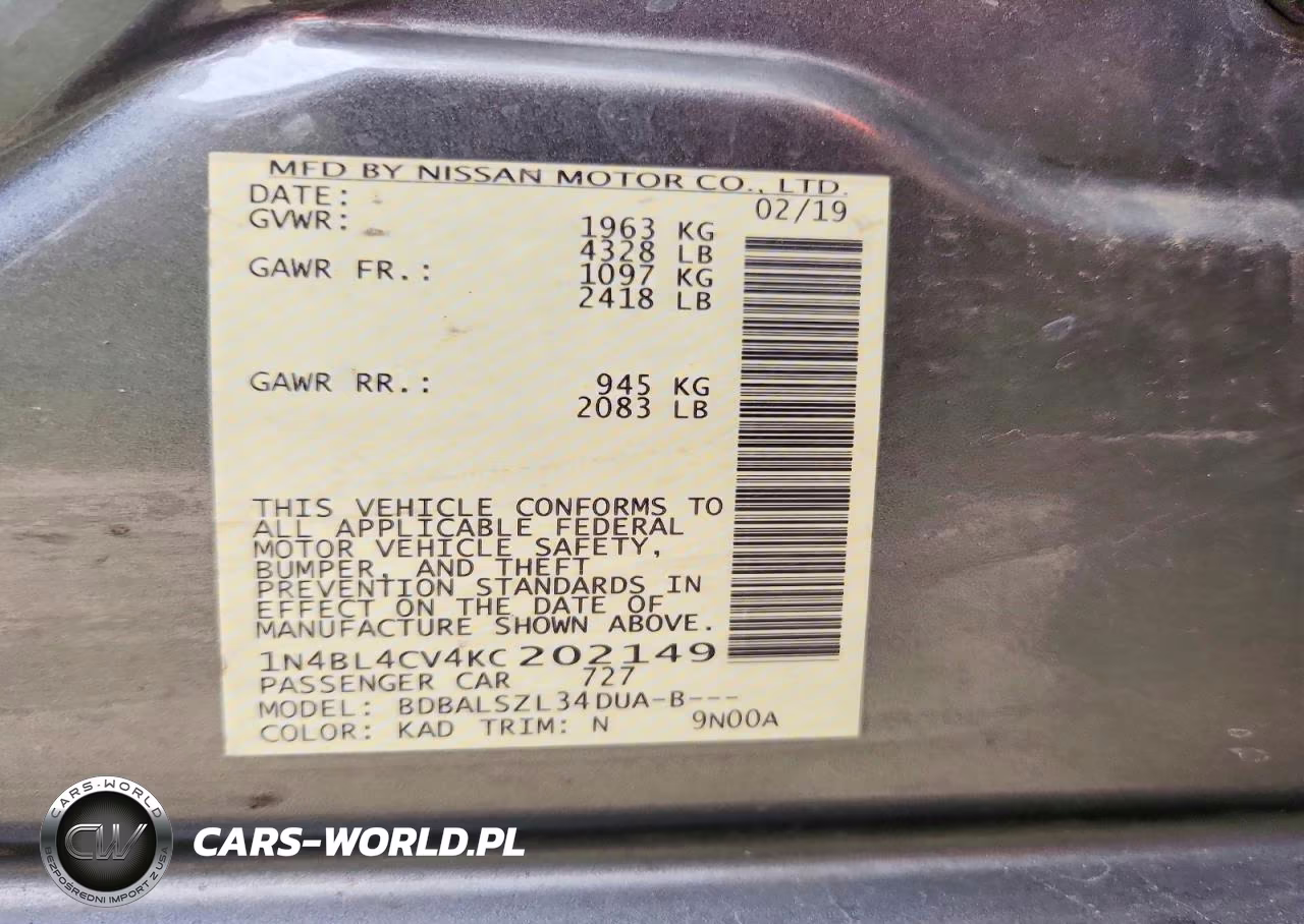 2019 Nissan Altima Sr VIN:1N4BL4CV4KC202149 - 12