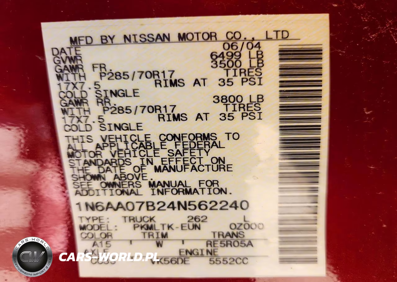 2004 Nissan Titan Xe VIN:1N6AA07B24N562240 - 12