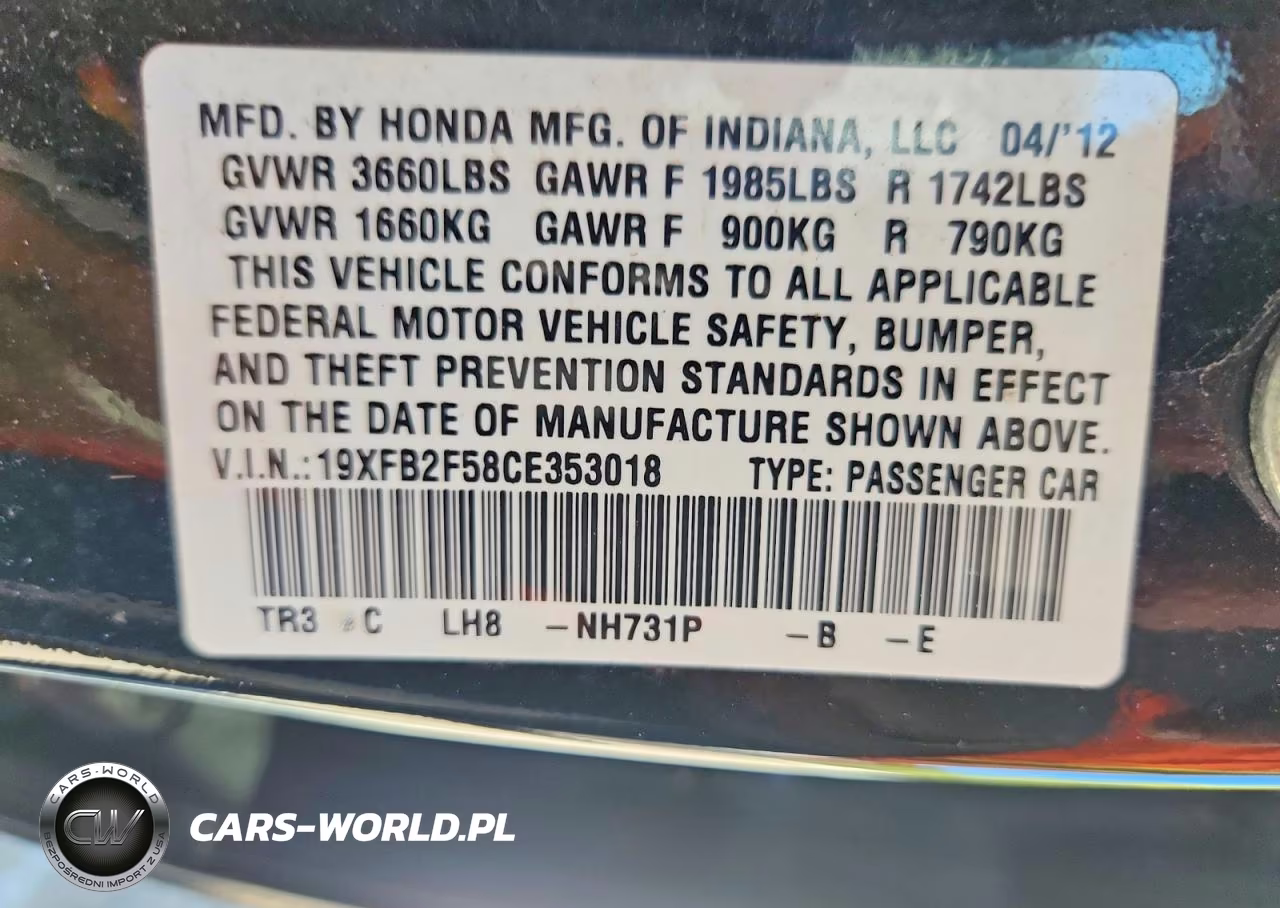 2012 Honda Civic Lx VIN:19XFB2F58CE353018 - 12