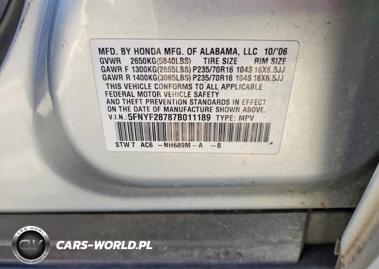 2007 Honda Pilot Exl VIN:5FNYF28787B011189 - 13