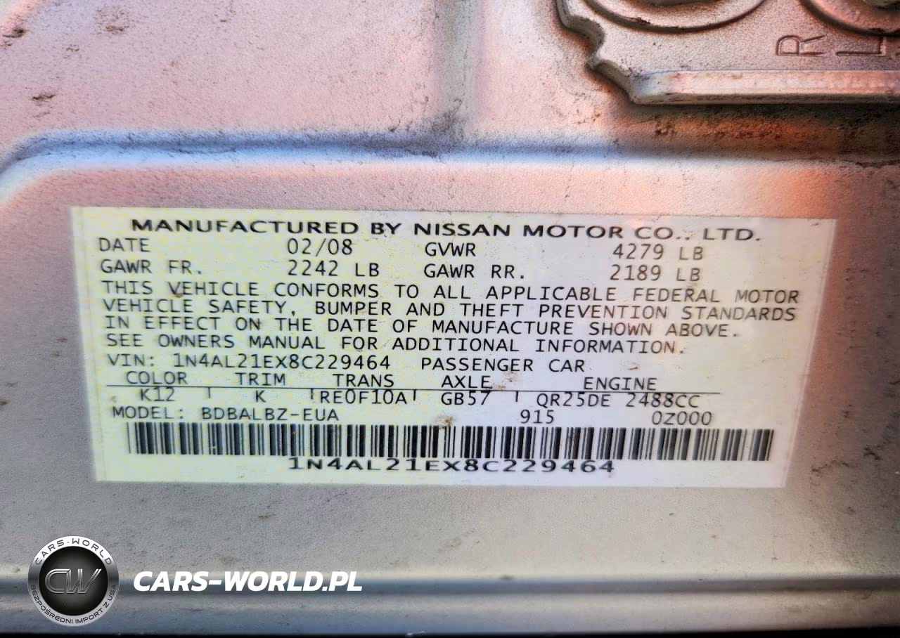 2008 Nissan Altima 2.5 VIN:1N4AL21EX8C229464 - 12