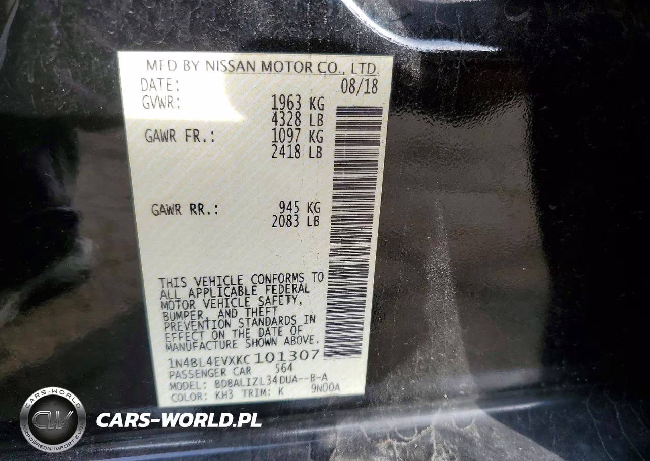 2019 Nissan Altima Sl VIN:1N4BL4EVXKC101307 - 12