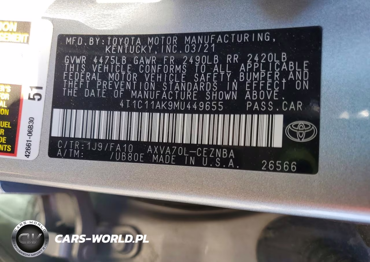 2021 Toyota Camry Le VIN:4T1C11AK9MU449655 - 12