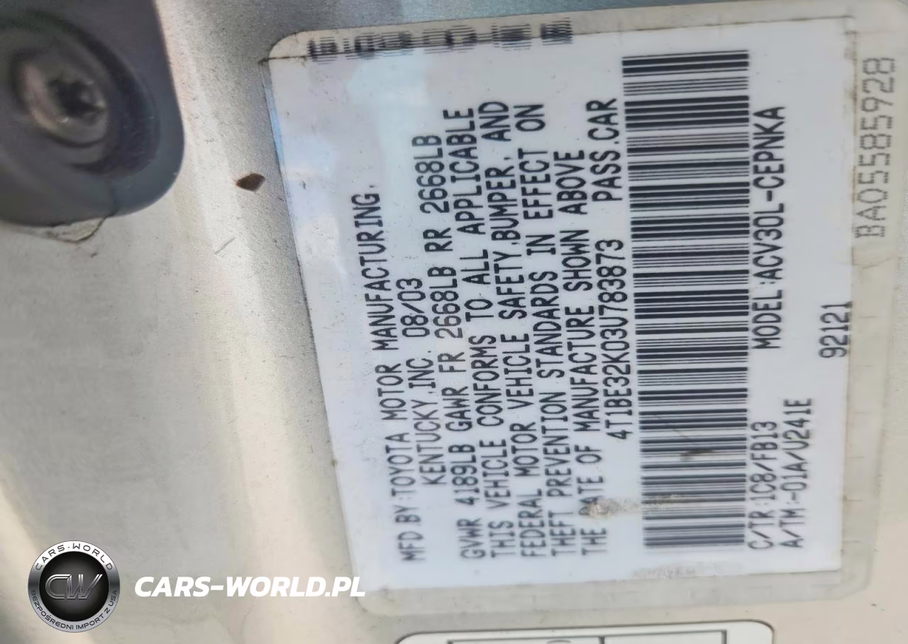 2003 Toyota Camry Le VIN:4T1BE32K03U783873 - 12