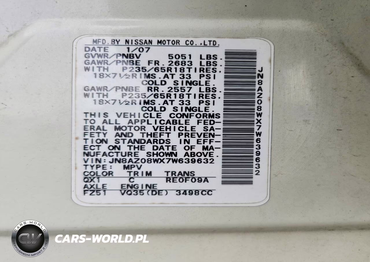 2007 Nissan Murano S VIN:JN8AZ08WX7W639632 - 13