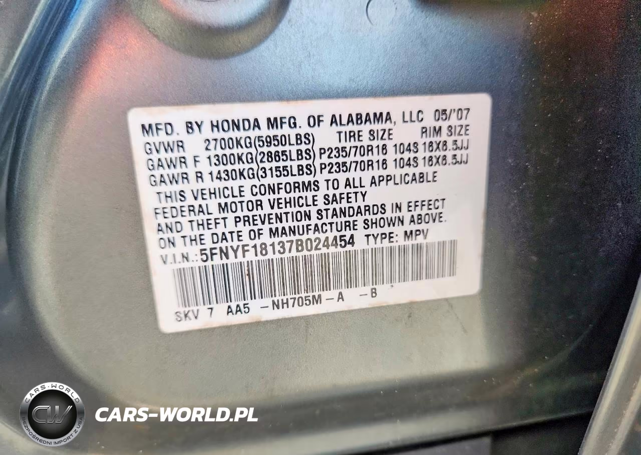 2007 Honda Pilot Lx VIN:5FNYF18137B024454 - 13