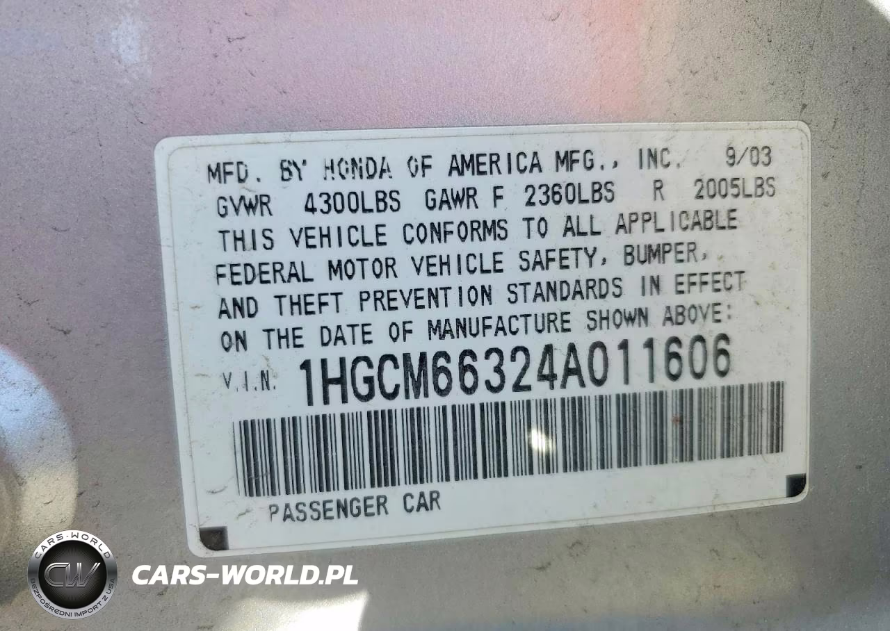 2004 Honda Accord Lx VIN:1HGCM66324A011606 - 12