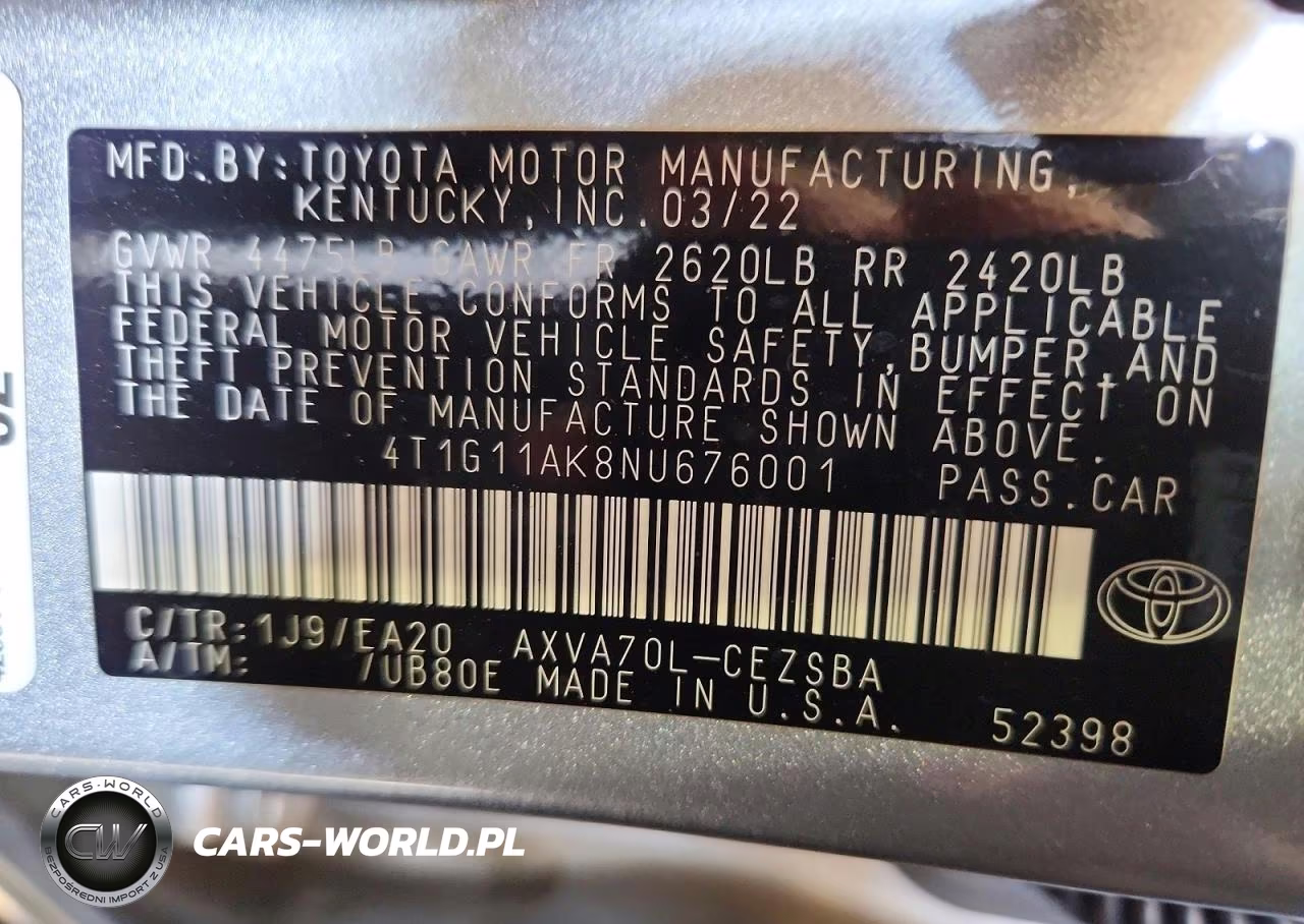 2022 Toyota Camry Se VIN:4T1G11AK8NU676001 - 12