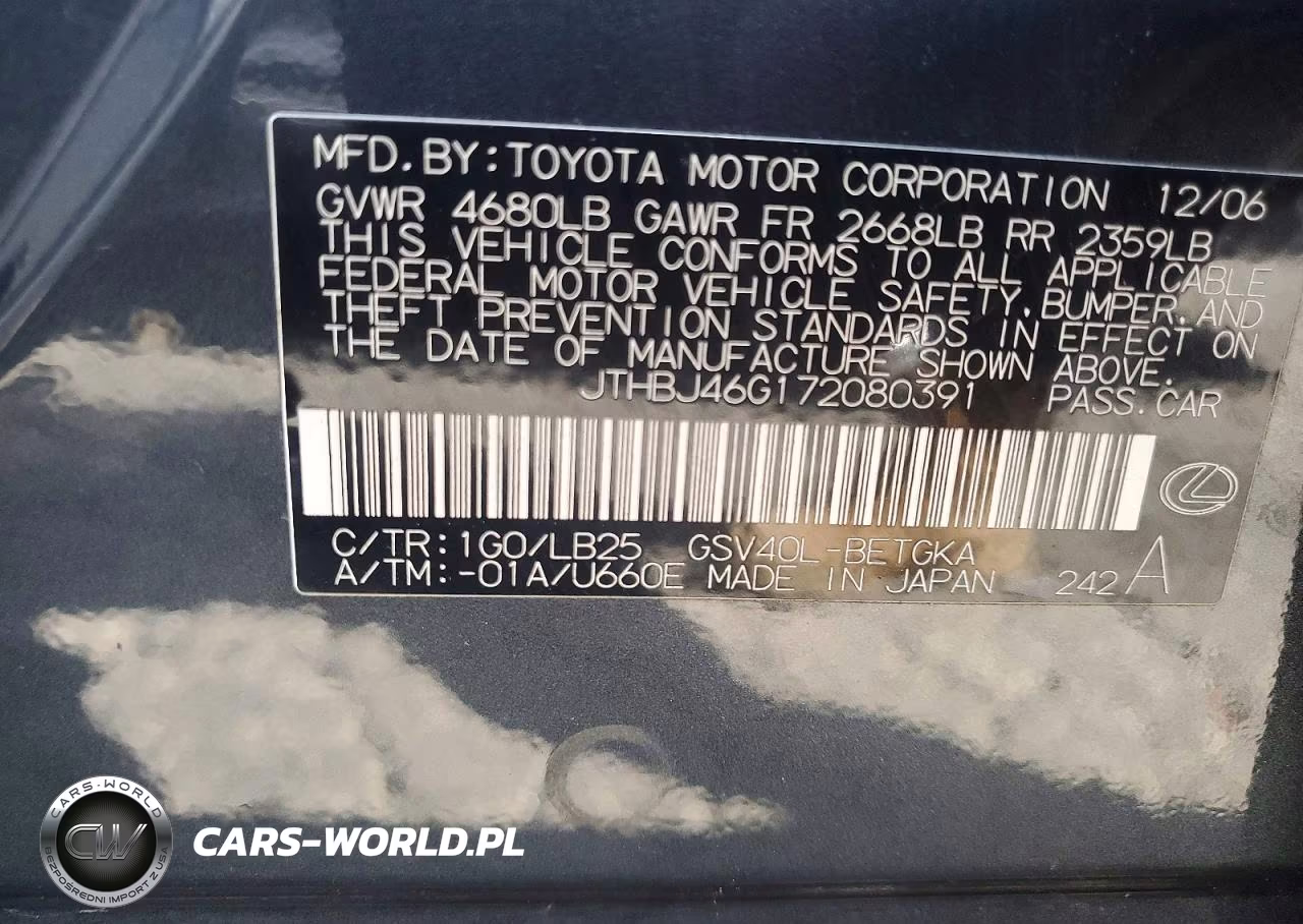 2007 Lexus Es 350 VIN:JTHBJ46G172080391 - 12